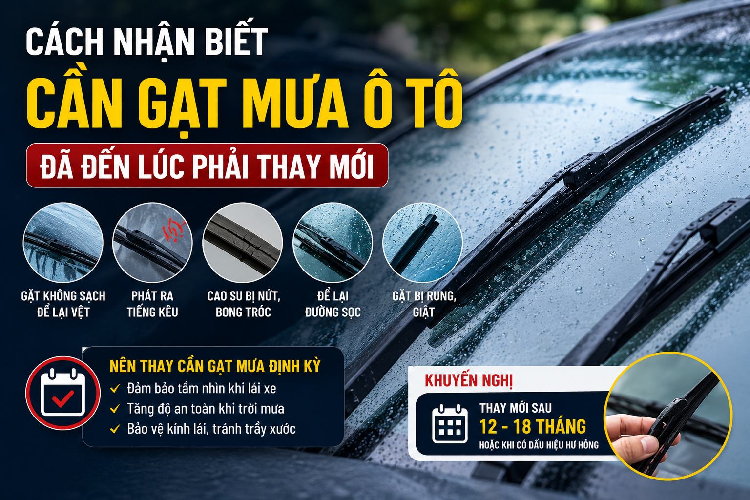 Hình ảnh minh họa các dấu hiệu nhận biết cần gạt mưa ô tô đã xuống cấp như gạt không sạch, phát ra tiếng kêu, cao su bị nứt, để lại vệt nước và khuyến nghị thay mới định kỳ để đảm bảo tầm nhìn khi lái xe.