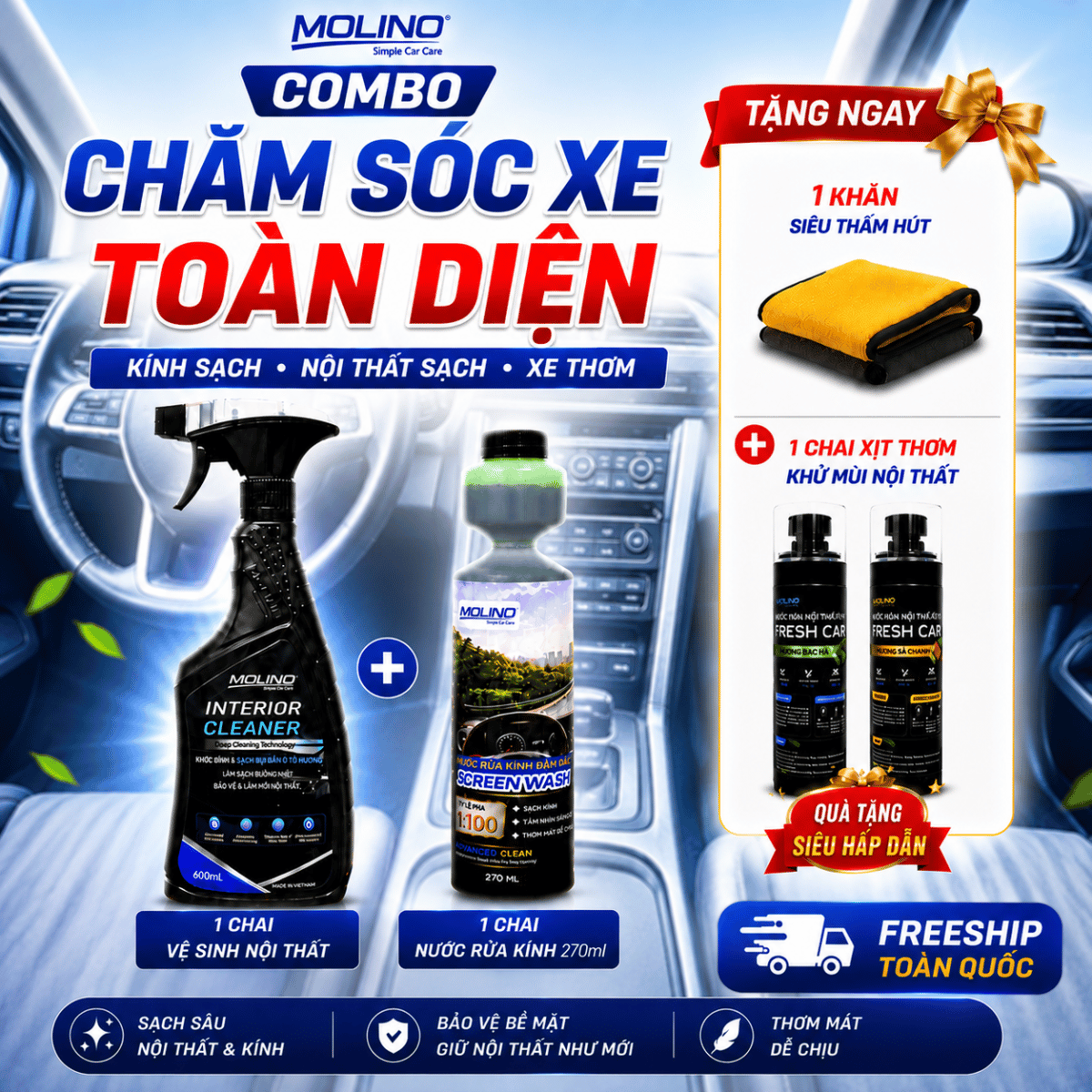 combo-cham-soc-xe-o-to-molino-ve-sinh-noi-that-600ml-nuoc-rua-kinh-270ml-tang-khan-lau-sieu-tham-xit-thom-khu-mui